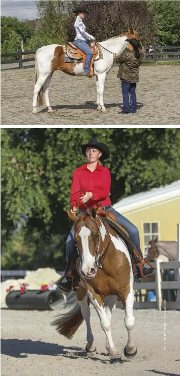  ??  ?? TOP-RIGHT: Ask to ride horses owned by your trainer, a friend, or a fellow boarder to practice and expand your comfort level. Have the owner watch and give constructi­ve feedback. BOTTOM-RIGHT: Begin by testing out your horse’s steering at a walk, jog,...