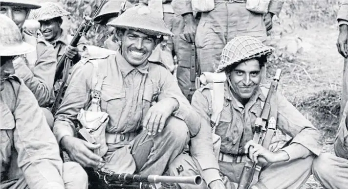  ??  ?? Clockwise from above: Indian infantryme­n of the 7th Rajput Regiment about to go on patrol on the Arakan front in Burma, 1944; General Auchinleck; General Wavell; a Sikh soldier (of the 4th Division – the Red Eagles – of the Indian Army, attached to the British Fifth Army in Italy) holding a captured swastika flag after the surrender of Nazi German forces in Italy; troops of the Indische Legion guarding the Atlantic Wall in France in March 1944; Subhas Chandra Bose.
