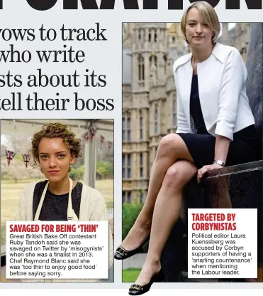  ??  ?? SAVAGED FOR BEING ‘THIN’ Great British Bake Off contestant Ruby Tandoh said she was savaged on Twitter by ‘misogynist­s’ when she was a finalist in 2013. Chef Raymond Blanc said she was ‘too thin to enjoy good food’ before saying sorry. Political editor...