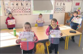  ??  ?? TIME FOR EASTER EGG HUNT - Pupils Orla McSweeney, Áine McSweeney, Sophie Moynihan Benson, Conor Noonan and Megan Mansell, with their maps for the recent Easter egg hunt.