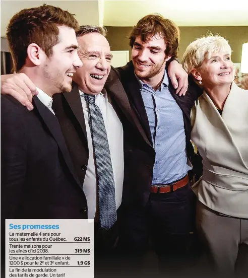  ?? PHOTO SIMON CLARK ?? François Legault a fêté la victoire entouré de sa femme Isabelle Brais, de ses deux fils Victor et Xavier et de nombreux militants au Centre des Congrès de Québec.