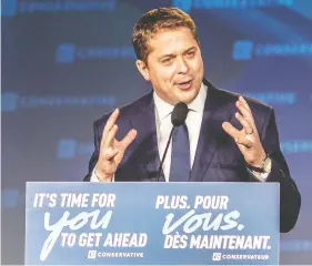  ?? ALEX RAMADAN / BLOOMBERG ?? Conservati­ve Leader Andrew Scheer speaks on election night in Regina, after his electoral loss. Replacing him will not solve the party’s problems, writes Andrew Coyne.