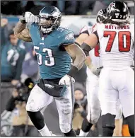  ?? AP/MICHAEL PEREZ ?? Philadelph­ia Eagles linebacker Nigel Bradham celebrates after the Eagles’ defensive stop in the final minute of Saturday’s victory over the Atlanta Falcons.