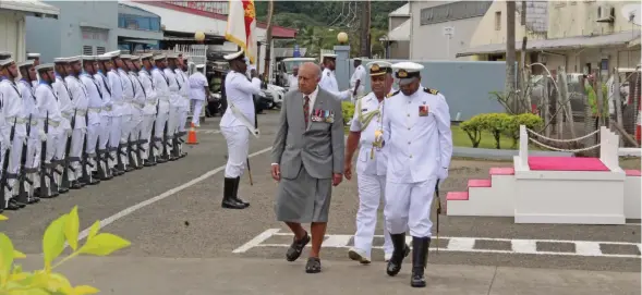  ?? Photo: Simione Haravanua ?? Speaker of Parliament Ratu Epeli Nailatikau inspects the guard of honour during the 44th anniversar­y of the RFMF Naval Division taking place at Stanley Brown Naval Base in Walu Bay, Suva, on July 25, 2019.