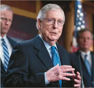  ?? J. SCOTT APPLEWHITE/AP ?? Senate Minority Leader Mitch McConnell, R-Ky., seen here in 2022. McConnell told a Kentucky radio station that Sen. Rick Scott’s idea to revote on federal laws every five years is not the party’s direction and would be a challenge for Scott’s reelection.