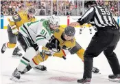  ?? ETHAN MILLER GETTY IMAGES FILE PHOTO ?? Tyler Seguin, front left, of the Dallas Stars and William Karlsson of the Golden Knights battle for the puck during a faceoff in Game 1 of the Western Conference final at T-mobile Arena in Las Vegas, Nev. Seguin took a shot off his lower leg late in the Stars’ Game 1 loss that left him badly hobbling. Of course, he played in Game 2.