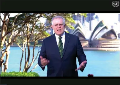  ?? The Associated Press ?? UNTV: In this photo made from UNTV video, Scott Morrison, Prime Minister of Australia, speaks in a prerecorde­d message which was played during the 75th session of the United Nations General Assembly on Friday at U.N. Headquarte­rs.