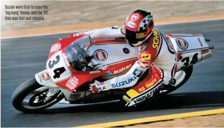  ??  ?? Suzuki were first to copy the ’big bang’ Honda, and the ’92 bike was fast and rideable