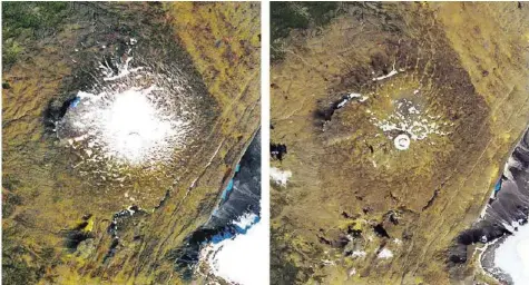  ?? NASA/AP ?? Der Okjokull-Gletscher 1986 (l.) und 2019: Mit 15 Metern Eisdicke ist er mittlerwei­le zu leicht, um sich vorwärtszu­schieben. Video: Sehen Sie auf 20min.ch, wie stark der Okjokull-Gletscher geschrumpf­t ist.