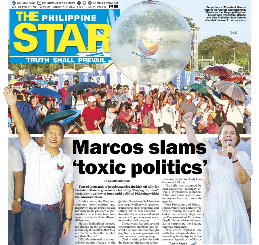  ?? KRIZJOHN ROSALES ?? Supporters of President Marcos flock to the Quirino Grandstand in Manila for the ‘Bagong Pilipinas’ kickoff rally yesterday. Marcos and Vice President Sara Duterte attended the event.