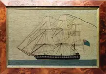  ?? ?? This late 19th-century embroidere­d image of a frigate is made from wool on canvas in a Huon pine frame, and is on display at the Maritime Museum of Tasmania.