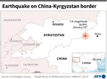  ?? AFP GRAPHIC ?? A map showing the epicenter of a 7.0-magnitude earthquake on the China-Kyrgyzstan border.