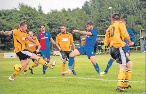  ??  ?? George Oakley, who has made over 30 appearance for ICT first team, pokes the ball into the net.