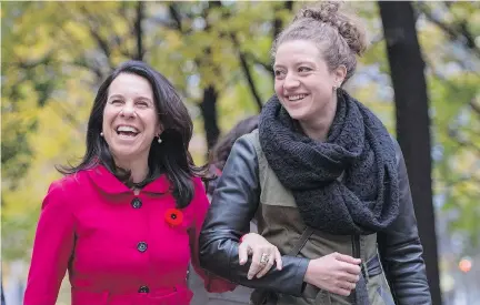  ?? PAUL CHIASSON/THE CANADIAN PRESS ?? Mayor-elect Valérie Plante arrives at a métro station Monday with newly elected city councillor Rosannie Filato. Plante scored a stunning upset over incumbent Denis Coderre in Sunday’s mayoral election with her clear and positive vision, Allison Hanes writes.