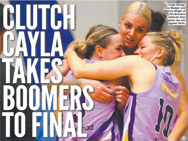  ?? ?? Cayla George, Tess Madgen and Izzy Wright of the Boomers celebrate their game two win against Perth.