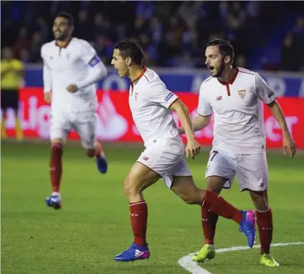  ?? EPA PIC ?? Sevilla’s Ben Yedder (centre) celebrates his goal against Alaves on Monday.