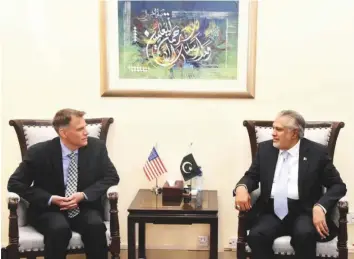  ?? Courtesy: PID ?? ■ Finance Minister Ishaq Dar meets US Treasury Department Deputy Assistant Secretary for Asia Robert Kaproth in Islamabad.