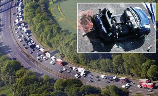  ??  ?? Chaos: Tailbacks stretched up the M6 for hours following the crash in which a Nissan was crushed, inset, killing five people