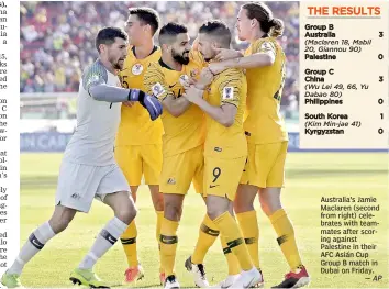  ?? — AP ?? Australia’s Jamie Maclaren (second from right) celebrates with teammates after scoring against Palestine in their AFC Asian Cup Group B match in Dubai on Friday.