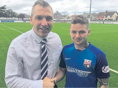  ??  ?? Montrose boss Stewart Petrie with Danny Cavanagh who netted the Gable Endies’ equaliser.