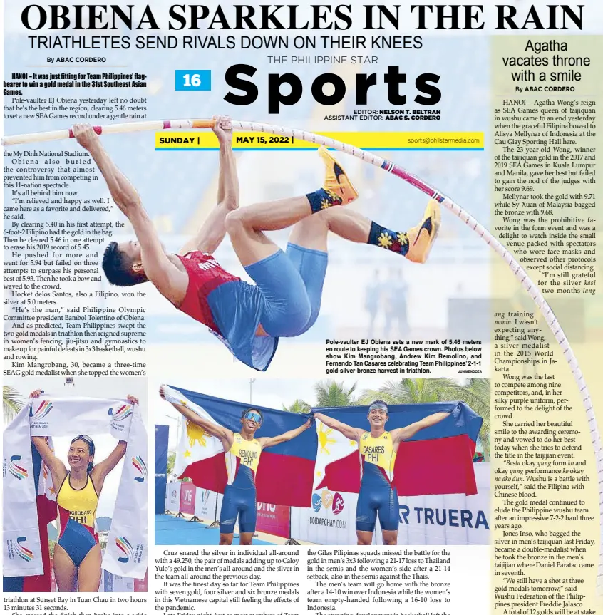  ?? JUN MENDOZA ?? Pole-vaulter EJ Obiena sets a new mark of 5.46 meters en route to keeping his SEA Games crown. Photos below show Kim Mangrobang, Andrew Kim Remolino, and Fernando Tan Casares celebratin­g Team Philippine­s’ 2-1-1 gold-silver-bronze harvest in triathlon.