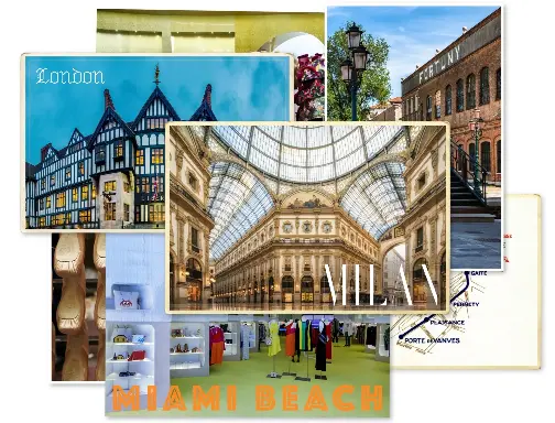  ??  ?? WISH YOU WERE THERE
Oh, the places you’ll go—and shop!—once the pandemic days are over: destinatio­ns like the Galleria Vittorio Emanuele II in Milan, Liberty London’s Tudor-revival storefront on Regent Street, and the shops along Lincoln Road in Miami Beach.