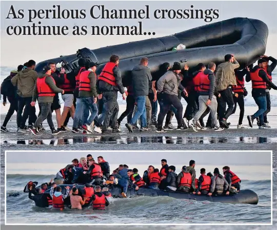  ?? ?? In plain sight: At least 30 migrants take an inflatable down the beach at Grand-Fort-Philippe near Dunkirk yesterday before casting off. UK Border Force vessels later picked up 130 people in the Channel and brought them into the port of Dover