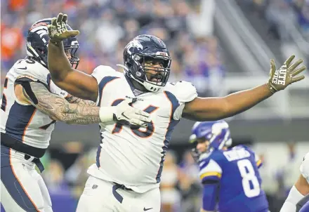  ?? AAron Ontiveroz, The Denver Post ?? Broncos defensive lineman Shelby Harris, shown celebratin­g a sack and a forced fumble against Kirk Cousins of the Minnesota Vikings in November, is up for a big payday with a new agent.