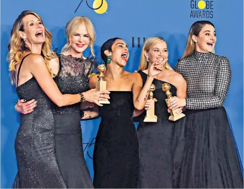  ??  ?? Black and gold: Laura Dern, Nicole Kidman, Zoe Kravitz, Reese Witherspoo­n and Shailene Woodley, left; Oprah Winfrey, below
