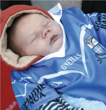  ??  ?? At just two weeks old Charlie Donaghey was the youngest Newtown Blues supporter at the recent SFC final with the Gaels.