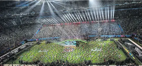  ?? ANGELA WEISS / AFP / GETTY IMAGES ?? Singer Justin Timberlake performs during the halftime show of Sunday’s Super Bowl LII.