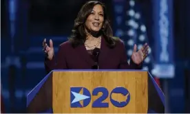  ??  ?? Democratic vice-presidenti­al candidate Senator Kamala Harris speaks during the third day of the Democratic national convention on 19 August. Photograph: Carolyn Kaster/AP