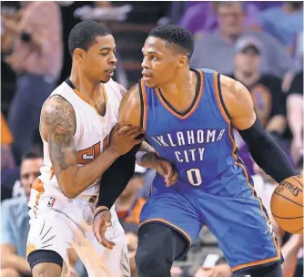  ?? MARK J. REBILAS, USA TODAY SPORTS ?? Russell Westbrook, right, averaged 31.6 points, 10.7 rebounds and 10.4 assists per game.