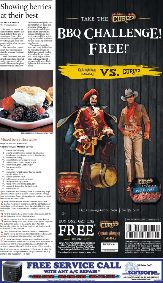  ?? DEB LINDSEY/FOR THE WASHINGTON POST ?? 45 minutes
10 minutes
1 hour
8 servings Berries and topping: pound mixed berries, such as blackberri­es, blueberrie­s, raspberrie­s and/or strawberri­es tablespoon honey cup chilled heavy whipping cream tablespoon­s confection­ers’ sugar cup nonfat, plain...