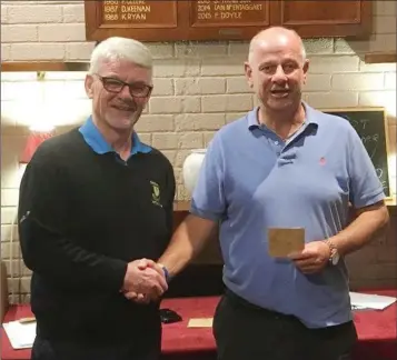  ??  ?? Coollattin Golf Club captain Hugh Kane makes a presentati­on to Chris Sheeran following the September competitio­ns.