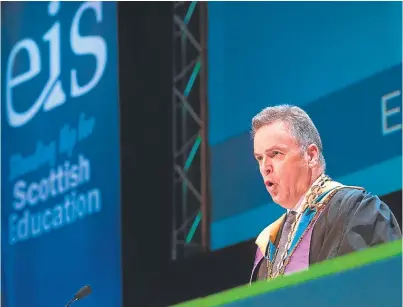  ?? Picture: Alan Richardson. ?? EIS president Pat Flanagan issued warnings on standardis­ed assessment­s and teachers’ workload at the union’s AGM in Dundee yesterday.