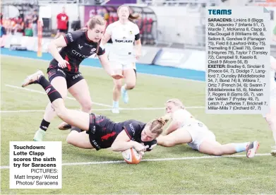  ?? PICTURES: Matt Impey/ Wired Photos/ Saracens ?? Touchdown: Lotte Clapp scores the sixth try for Saracens