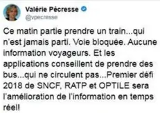  ??  ?? Sur Twitter, Valérie Pécresse, présidente (LR) de la Région avait critiqué le manque d’informatio­ns dans les transports en commun