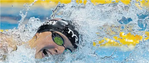  ?? KOJI SASAHARA/THE ASSOCIATED PRESS ?? U.S. swimmer Katie Ledecky powers to a dominant victory Saturday in the 400-metre freestyle. Ledecky has the 10 fastest times in the discipline.