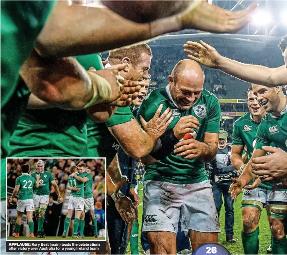  ??  ?? APPLAUSE: Rory Best (main) leads the celebratio­ns after victory over Australia for a young Ireland team