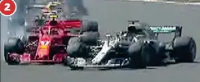  ?? SKY ?? Collision: Hamilton’s silver Mercedes manoeuvres into turn three but has his rear right tyre clipped by Raikkonen’s red Ferrari