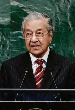  ?? BERNAMA PIC ?? Prime Minister Tun Dr Mahathir Mohamad speaking at the United Nations General Assembly in New York last month.