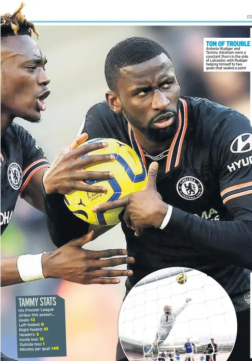  ??  ?? TON OF TROUBLE Antonio Rudiger and Tammy Abraham were a constant thorn in the side of Leicester, with Rudiger helping himself to two goals that sealed a point