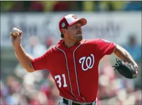  ?? JOHN BAZEMORE — THE ASSOCIATED PRESS ?? Washington Nationals starting pitcher Max Scherzer works in the first inning of a spring training game against the St. Louis Cardinals, Wednesday in Jupiter, Fla.