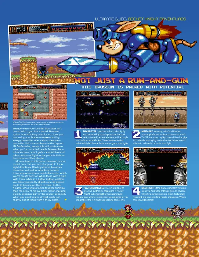  ??  ?? » [Mega Drive] Sparkster’s rocket charge isn’t just for attacking enemies but also reaching other areas. He can also bounce off walls.