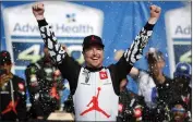  ?? COLIN E. BRALEY — THE ASSOCIATED PRESS ?? Driver Kurt Busch celebrates in victory lane after winning the NASCAR Cup race at Kansas Speedway on Sunday.