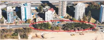  ??  ?? Views of the Narrowneck site (marked in red) being considered for a surf club.