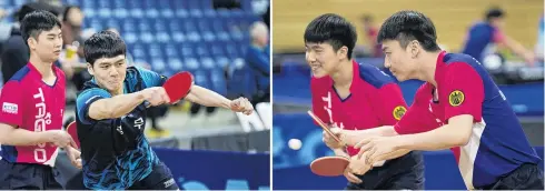  ?? PHOTOS: GERARD O’BRIEN ?? Top shots . . . South Korean Army table tennis team representa­tives (from left) Yechan Yang, 22, Gihun Lee, 22, Inhyeok Choi, 23, and Huicheol Bae, 24, warm up for the South Island Individual and Para Table Tennis Championsh­ips at the Edgar Centre yesterday.