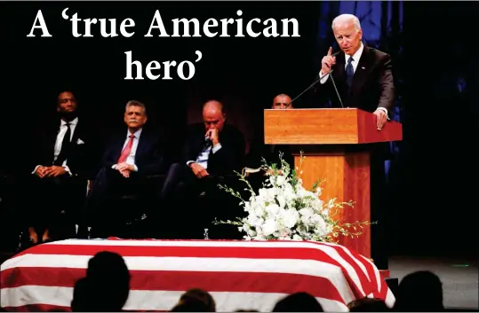  ?? ASSOCIATED PRESS PHOTOS ?? FORMER VICE PRESIDENT JOE BIDEN GIVES A TRIBUTE DURING A MEMORIAL SERVICE at North Phoenix Baptist Church for Sen. John McCain, R-Ariz., on Thursday in Phoenix.