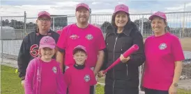  ??  ?? Saints club members with Pink Day co-ordinator Kelly-Ann Day (right) and Corangamit­e MP Sarah Henderson (second from right).
